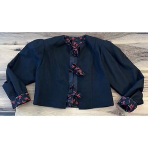 Vtg Black Cropped Jacket Floral Bow Blazer Sz 36 Germany Romantic Wool Blend